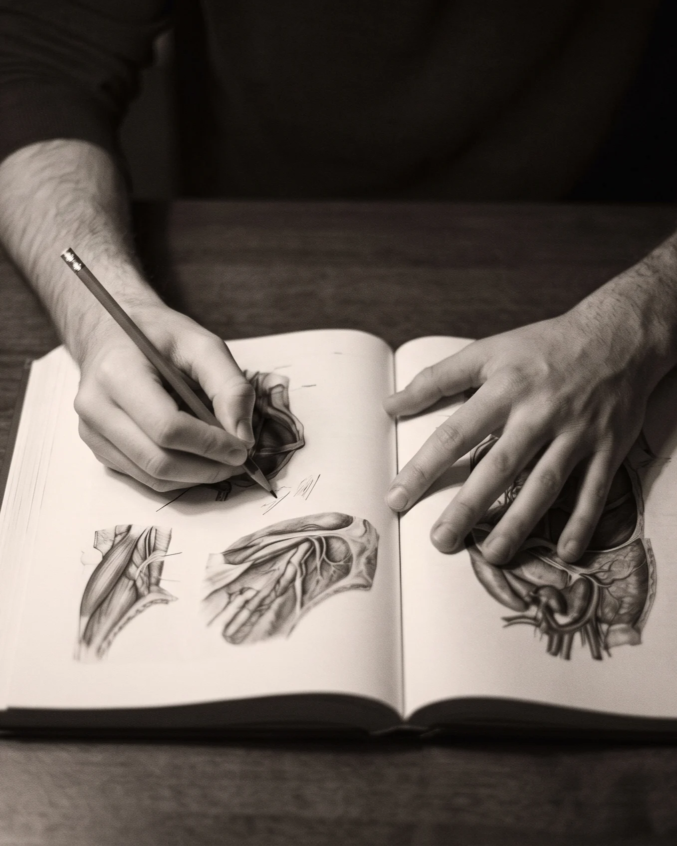 Hands annotating an open anatomical atlas under warm desk light.