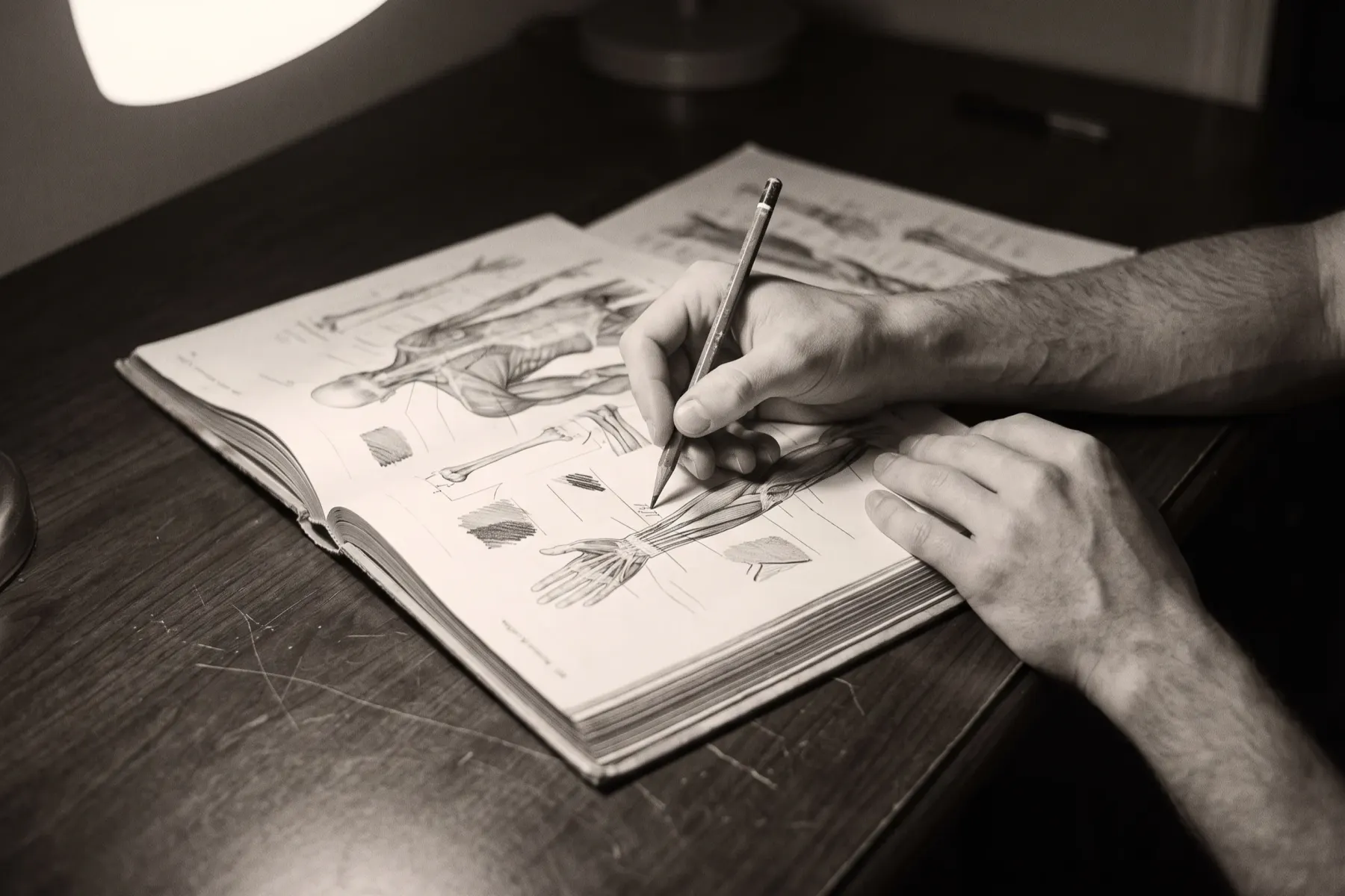 Close view of a worn anatomy atlas being annotated in pencil under a desk lamp.