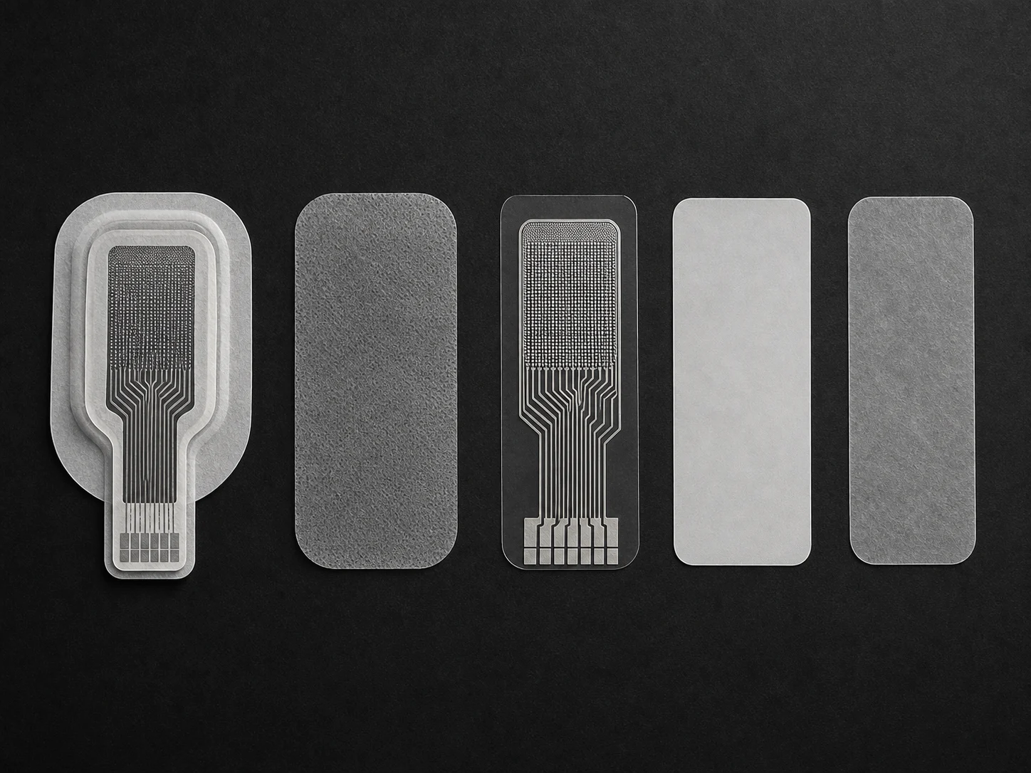 Flat-lay of a flexible sensor patch beside its separated construction layers — membrane, interdigitated electrode array, substrate and backing.