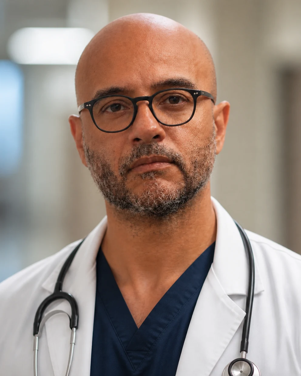 Panisse Maurice Padilla, biomedical educator, photographed in a teaching-hospital corridor.